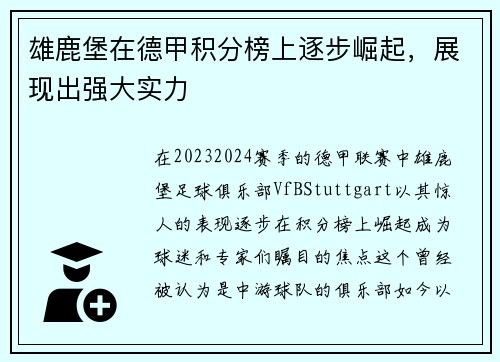雄鹿堡在德甲积分榜上逐步崛起，展现出强大实力