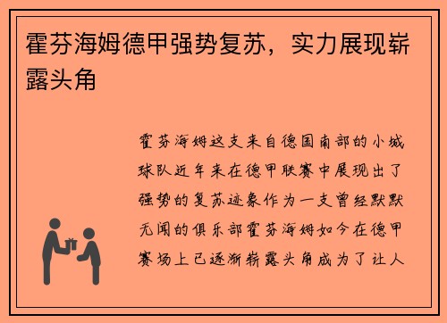 霍芬海姆德甲强势复苏，实力展现崭露头角